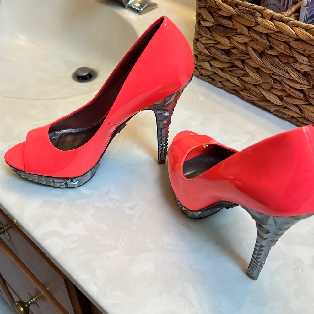 Vibrant Coral Peep Toe Heels with Silver Accents